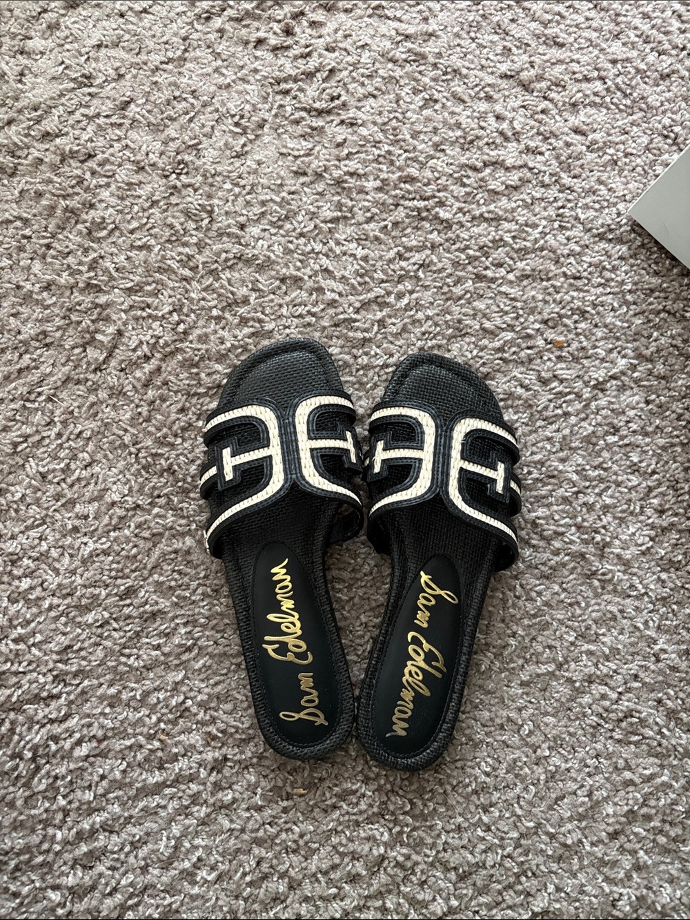 Sam Edelman Black Slides with White Trim and Gold Logo